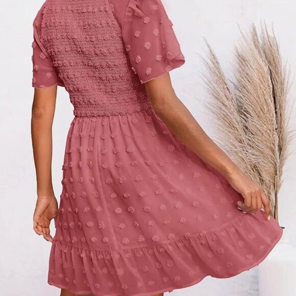 Beach Vacation Dress V Neck Short Sleeve Smocked Swiss Dot Casual Ruffle Mini - Picture 2 of 4